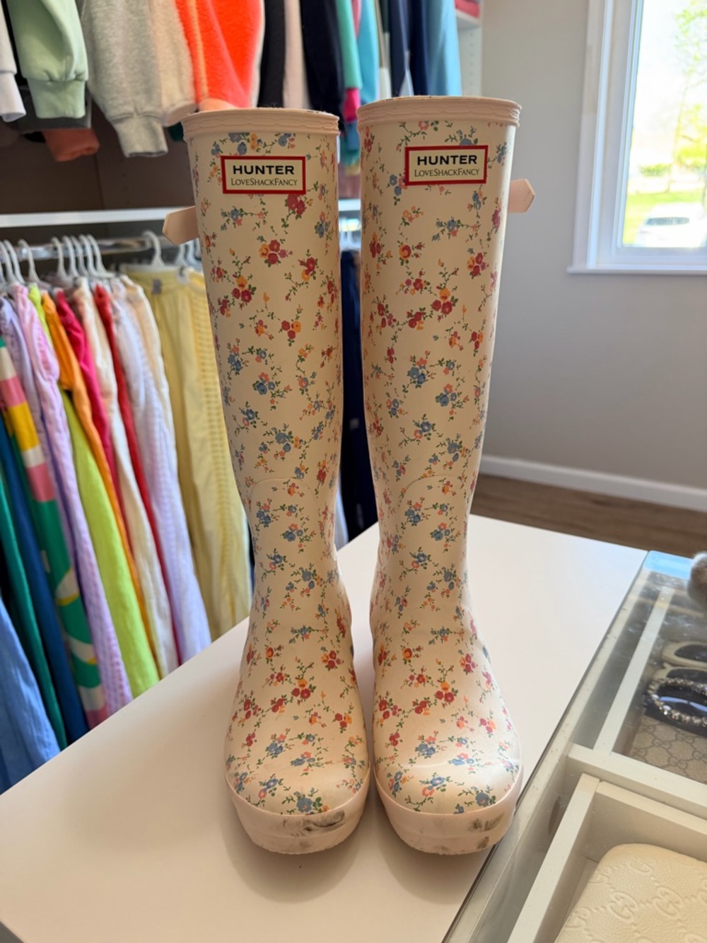 LoveShackFancy Hunter Floral Cream Rain Boots